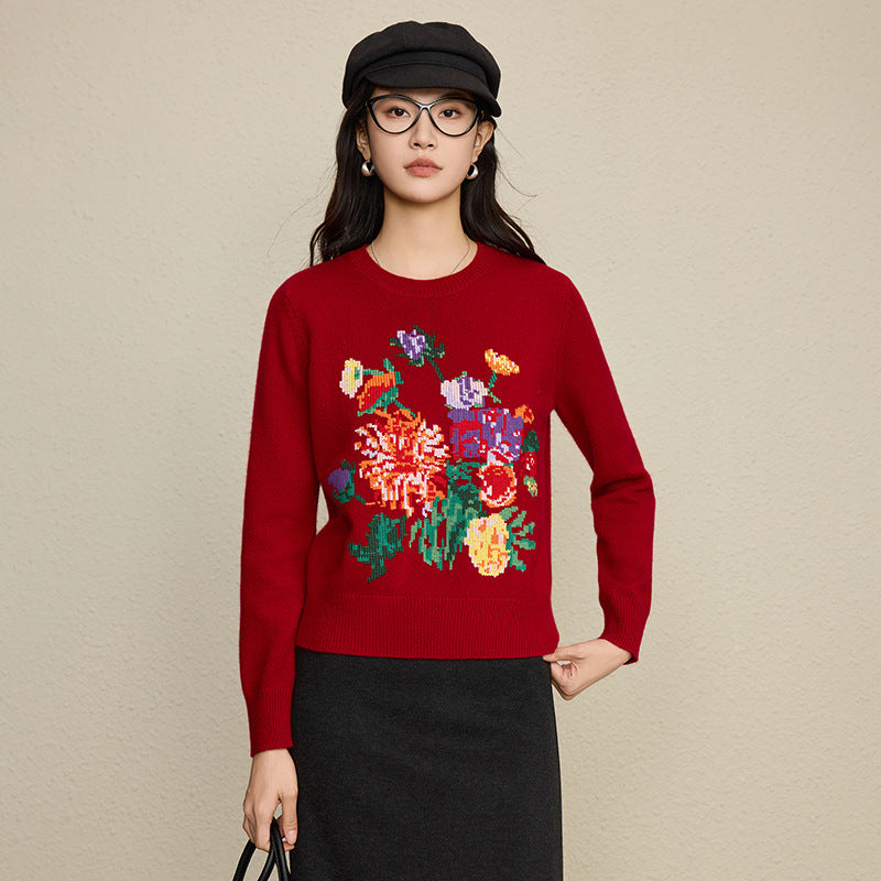 Embroidered peony round neck long sleeved pullover sweater