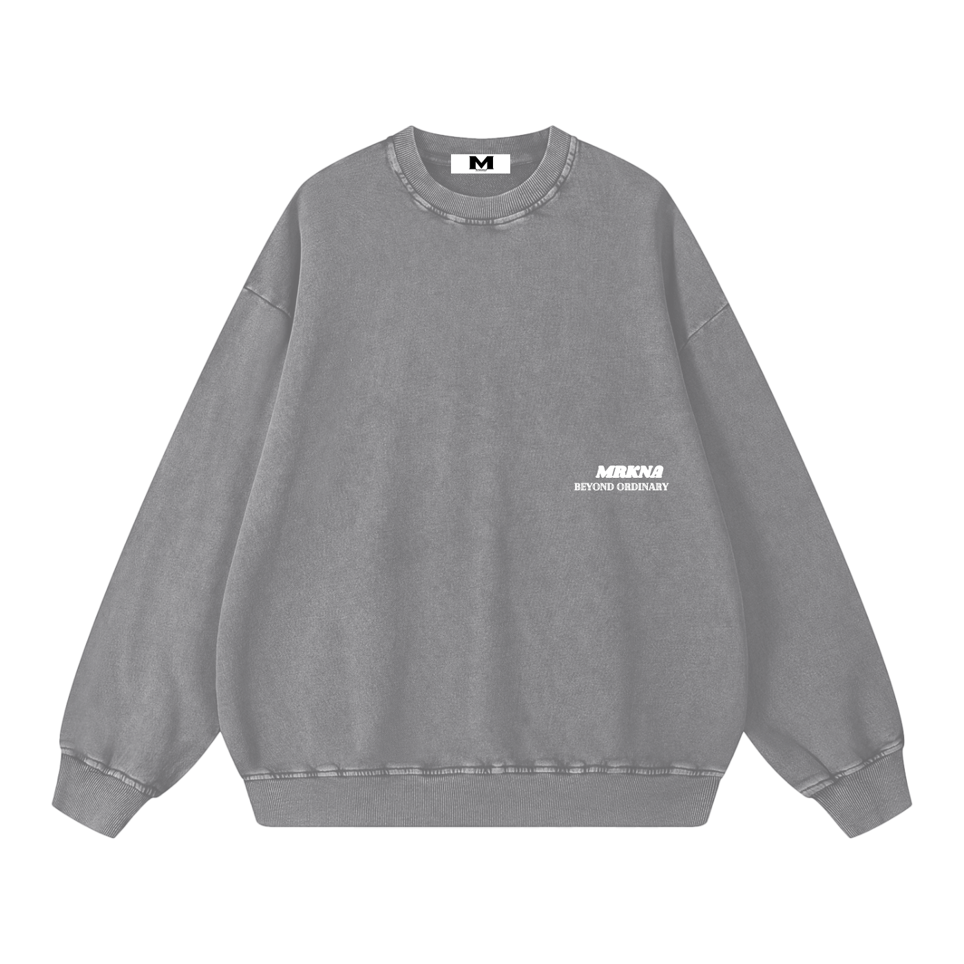 ODMPOD snow washed oversized sweatshirt, soft fabric with a relaxed fit, displayed on a hanger with a neutral background.