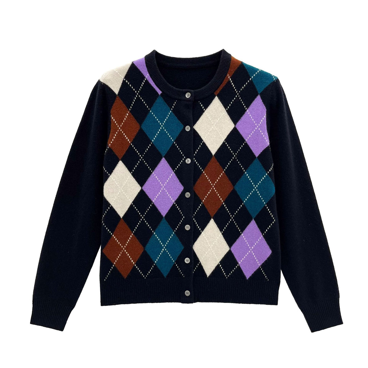 Diamond grid contrasting round neck sweater
