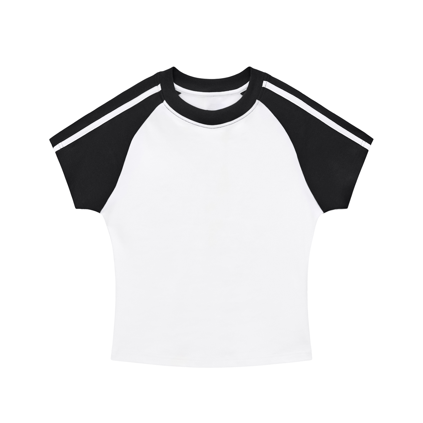 ODMPOD contrast stripes bodycon raglan sleeve t-shirt showing fitted design with bold striped pattern on the sleeves and torso.