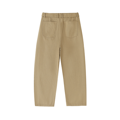 ODMPOD belted barrel-leg chino pants showing the relaxed fit, front pockets, and stylish belt on a neutral background.
