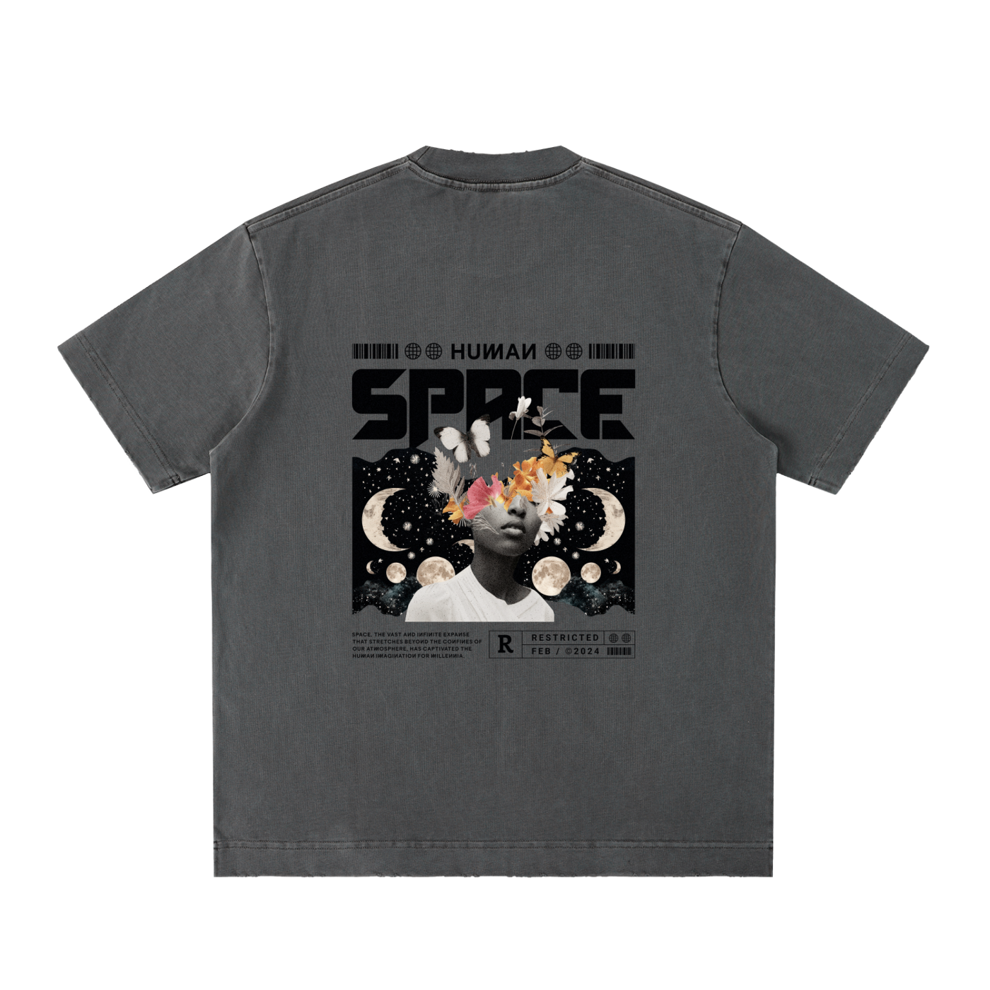 ODMPOD heavyweight vintage washed frayed t-shirt with distressed details and casual fit, displayed on a plain background.