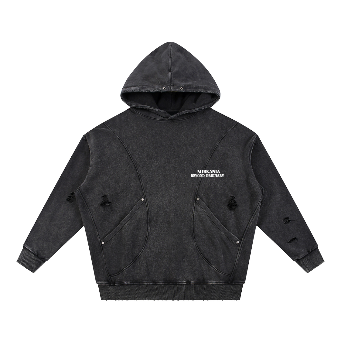 Snow Washed Distressed Panel Pocket Hoodie by ODMPOD featuring a relaxed fit, distressed details, and front pocket in a cozy hoodie style.