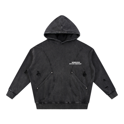 Snow Washed Distressed Panel Pocket Hoodie by ODMPOD featuring a relaxed fit, distressed details, and front pocket in a cozy hoodie style.