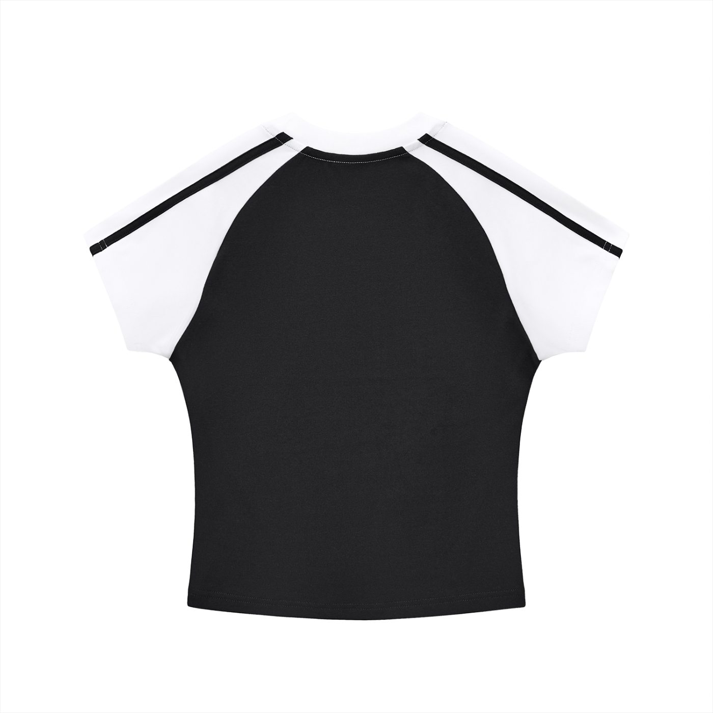 ODMPOD contrast stripes bodycon raglan sleeve t-shirt, black and white, fitted casual top with stylish stripe details.