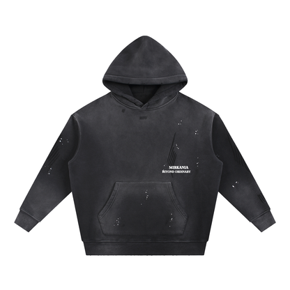 Vintage washed frayed fleece hoodie by ODMPOD, showing a cozy, distressed gray hoodie with frayed edges and soft fleece material.