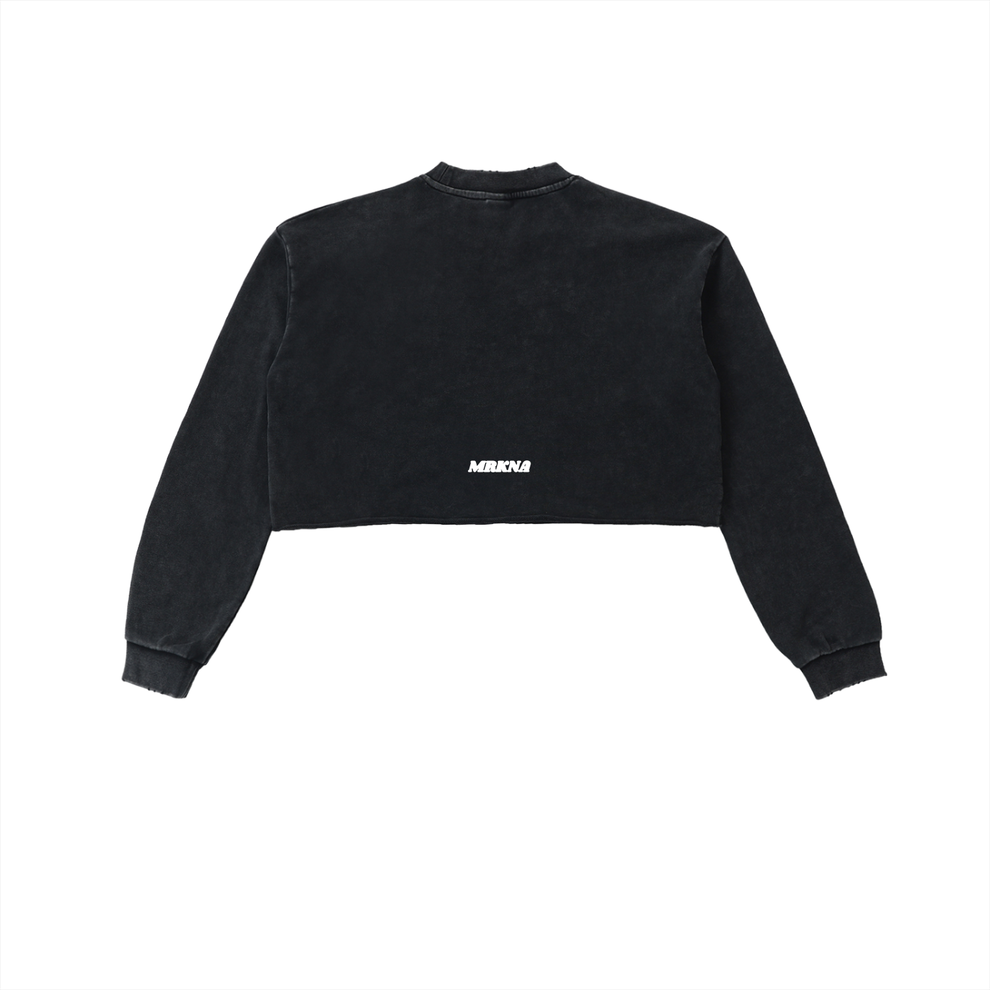 ODMPOD snow washed raw edge cropped sweatshirt displayed on a hanger, featuring a relaxed fit and distressed raw edges.