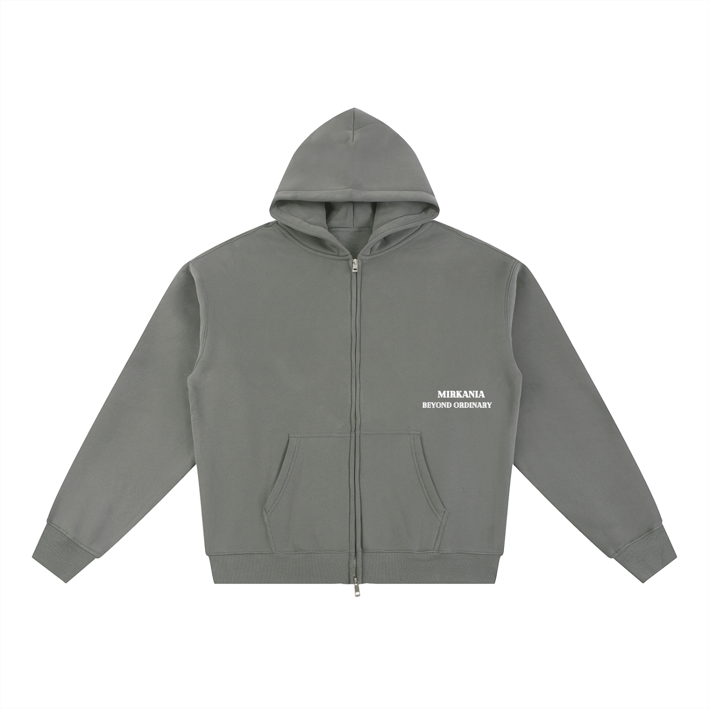 ODMPOD Essential fleece zip-through hoodie showing front view with hood and zipper, soft knit fabric and casual fit.