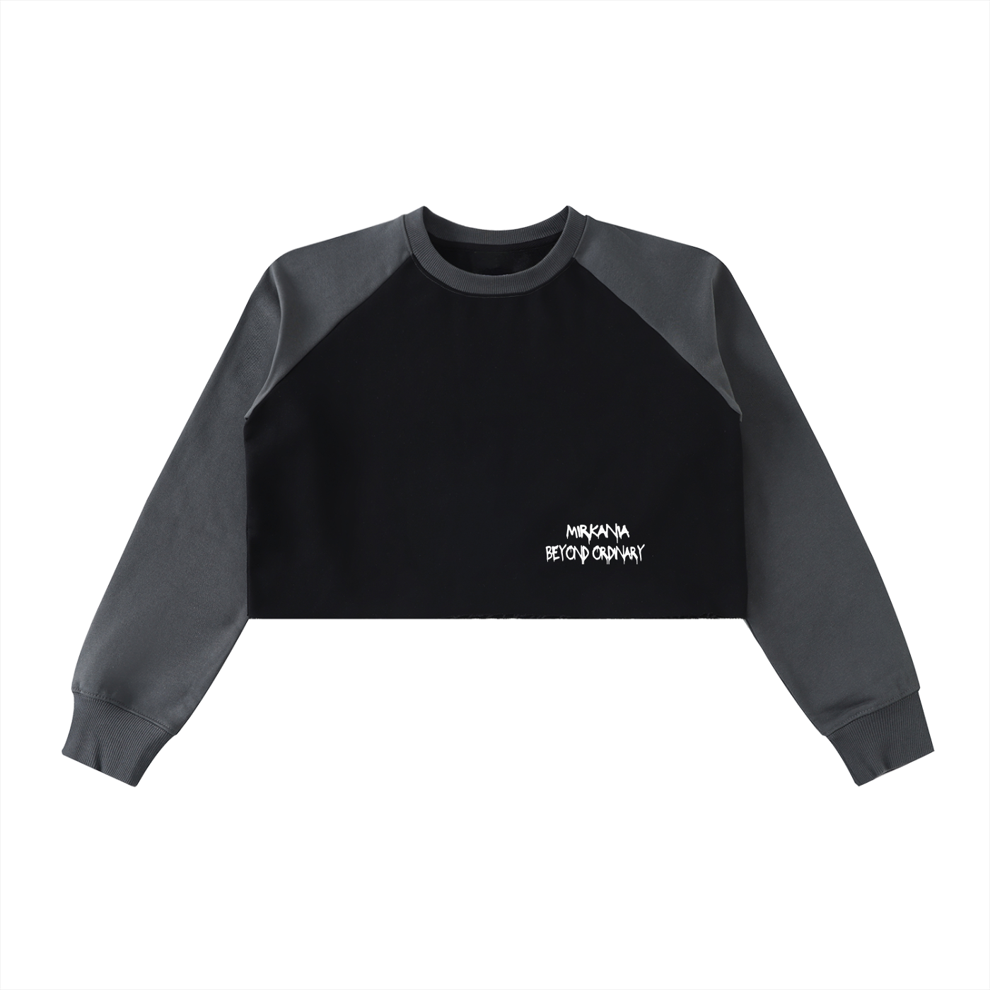 ODMPOD raw-hem color-block raglan crop sweatshirt showing a stylish, casual design with contrasting color panels and raw hem detail.