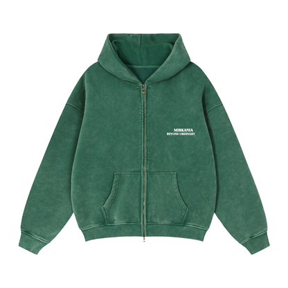 ODMPOD zip-through boxy fleece hoodie with a front zipper, cozy fit, and hood, displayed on a neutral background.