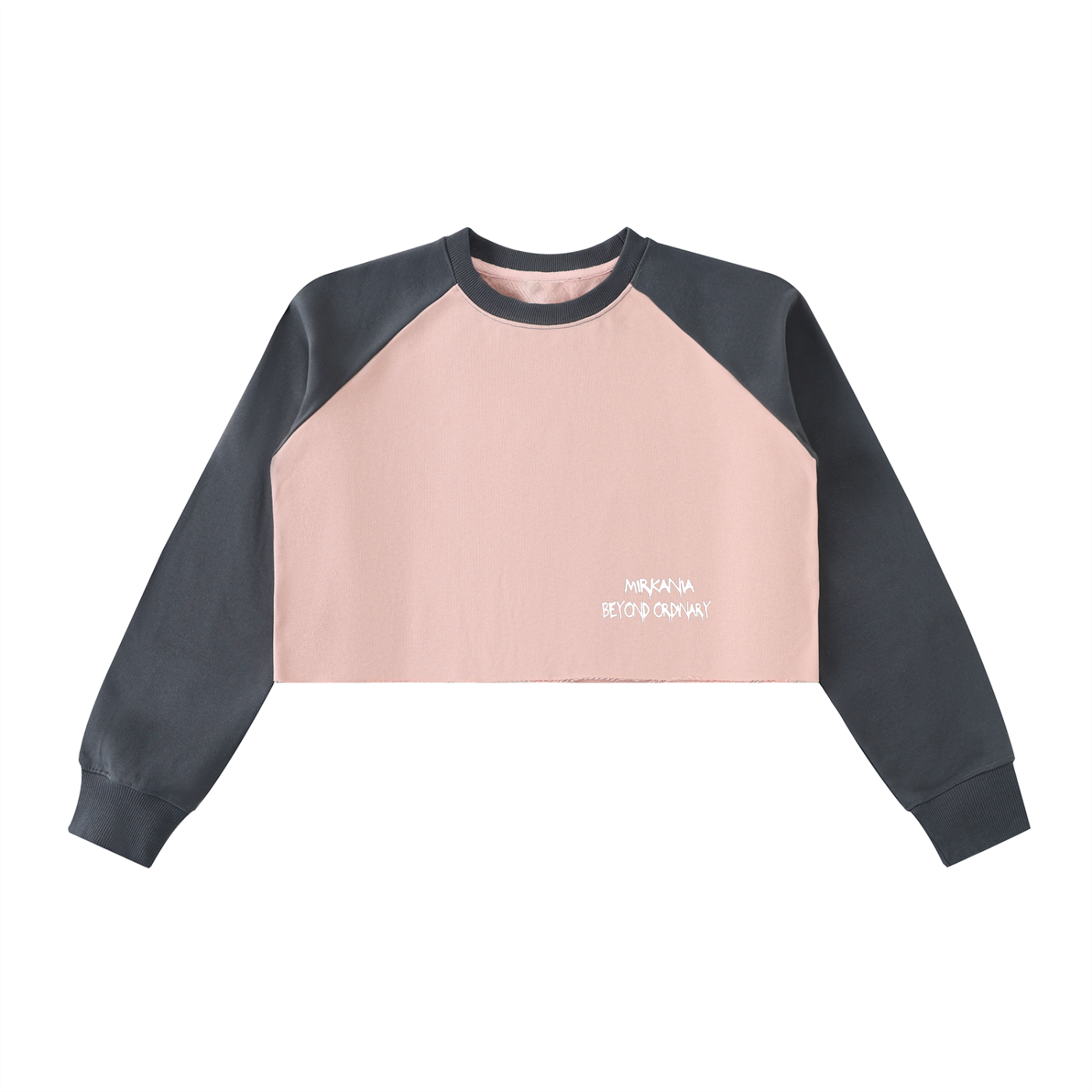 Raw-hem color-block raglan crop sweatshirt by ODMPOD featuring a stylish, casual sweatshirt with contrasting color blocks and raw hem detail.