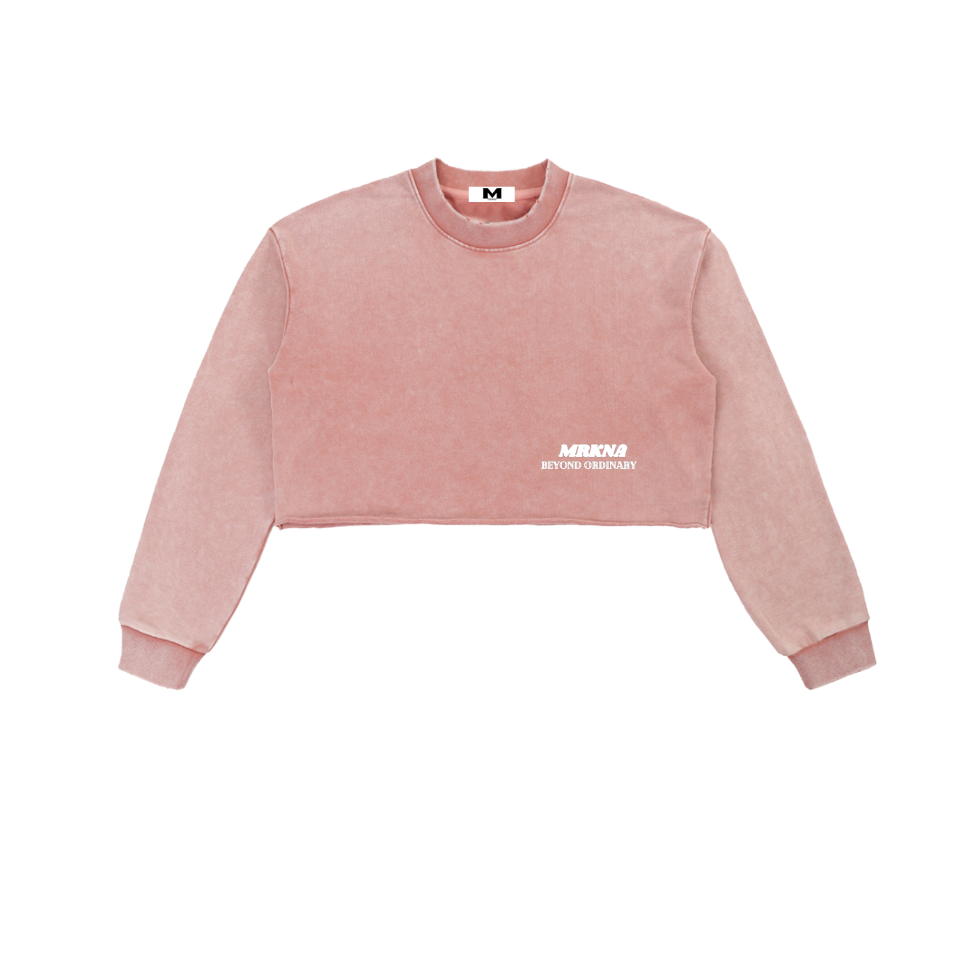 ODMPOD snow washed raw edge cropped sweatshirt displayed on a hanger, featuring a relaxed fit and distressed hem.
