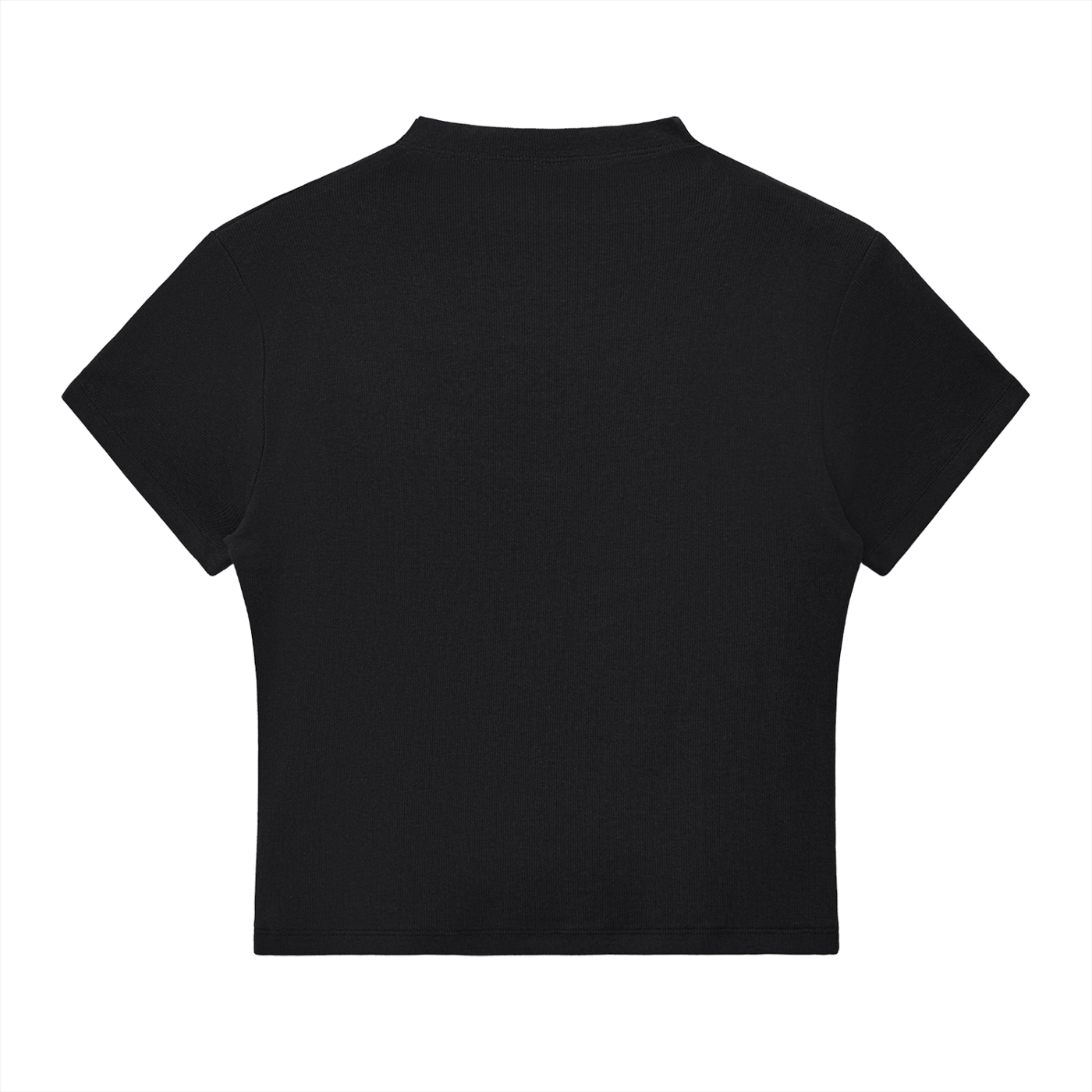 ODMPOD Essential Slim Fit Mock Neck T-Shirt, close-up of black t shirt with mock neck design and smooth fabric texture.