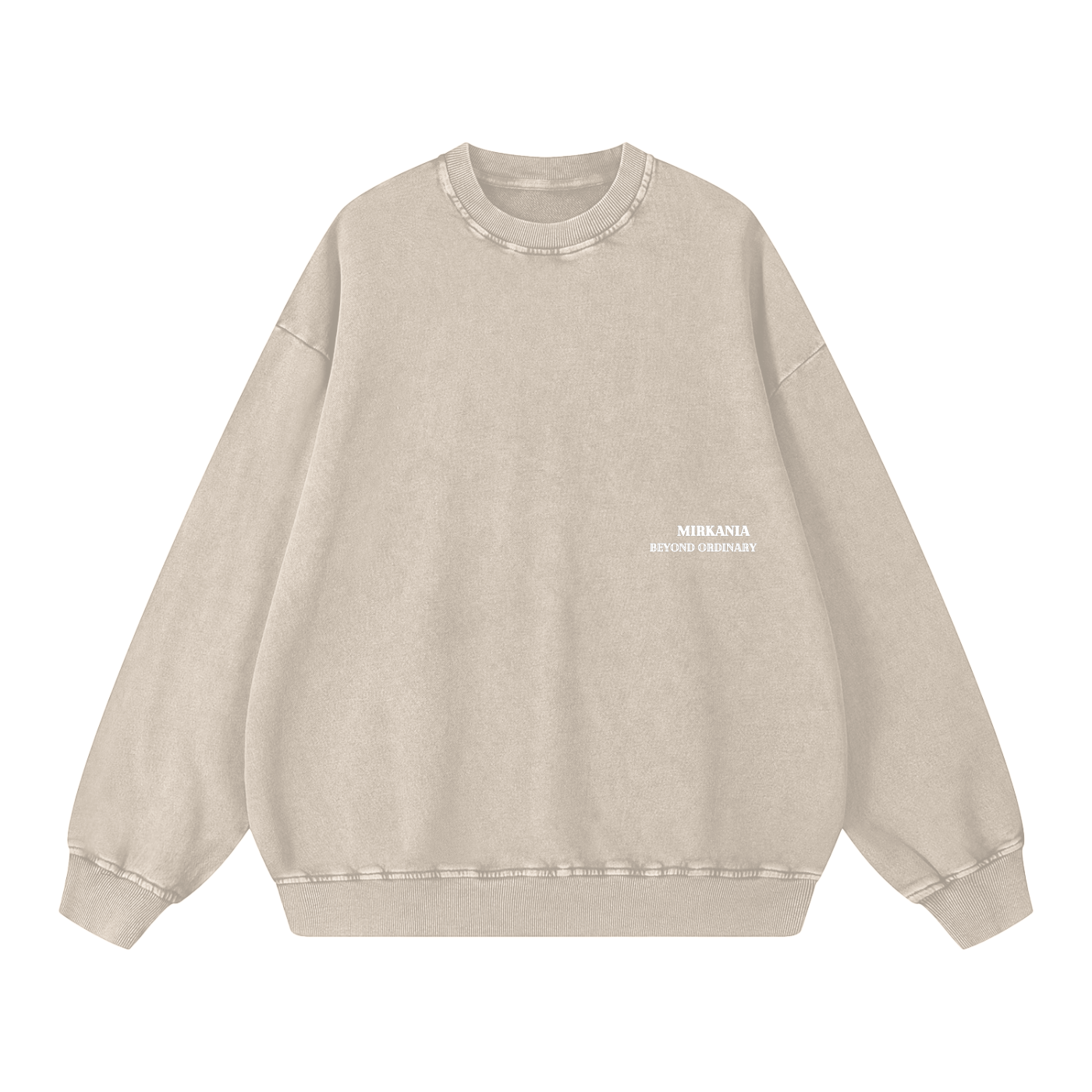 ODMPOD Snow Washed Oversized Sweatshirt displayed on a hanger, showing its relaxed fit and soft, washed fabric texture.