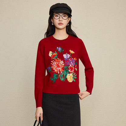 Embroidered peony round neck long sleeved pullover sweater