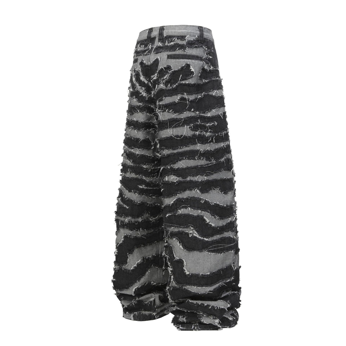 Embroidered zebra striped fringe wide leg denim pants