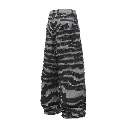 Embroidered zebra striped fringe wide leg denim pants