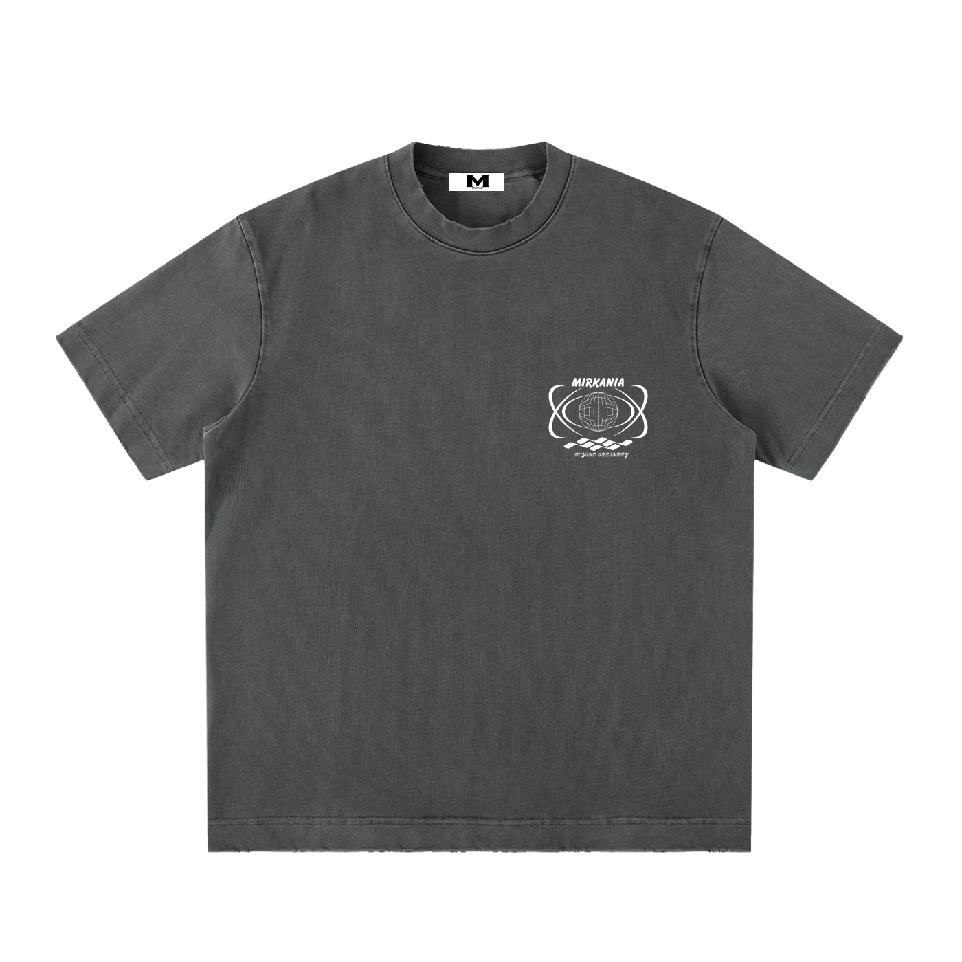 Vintage washed heavyweight ODMPOD T-shirt with frayed edges and distressed details, casual and rugged style.