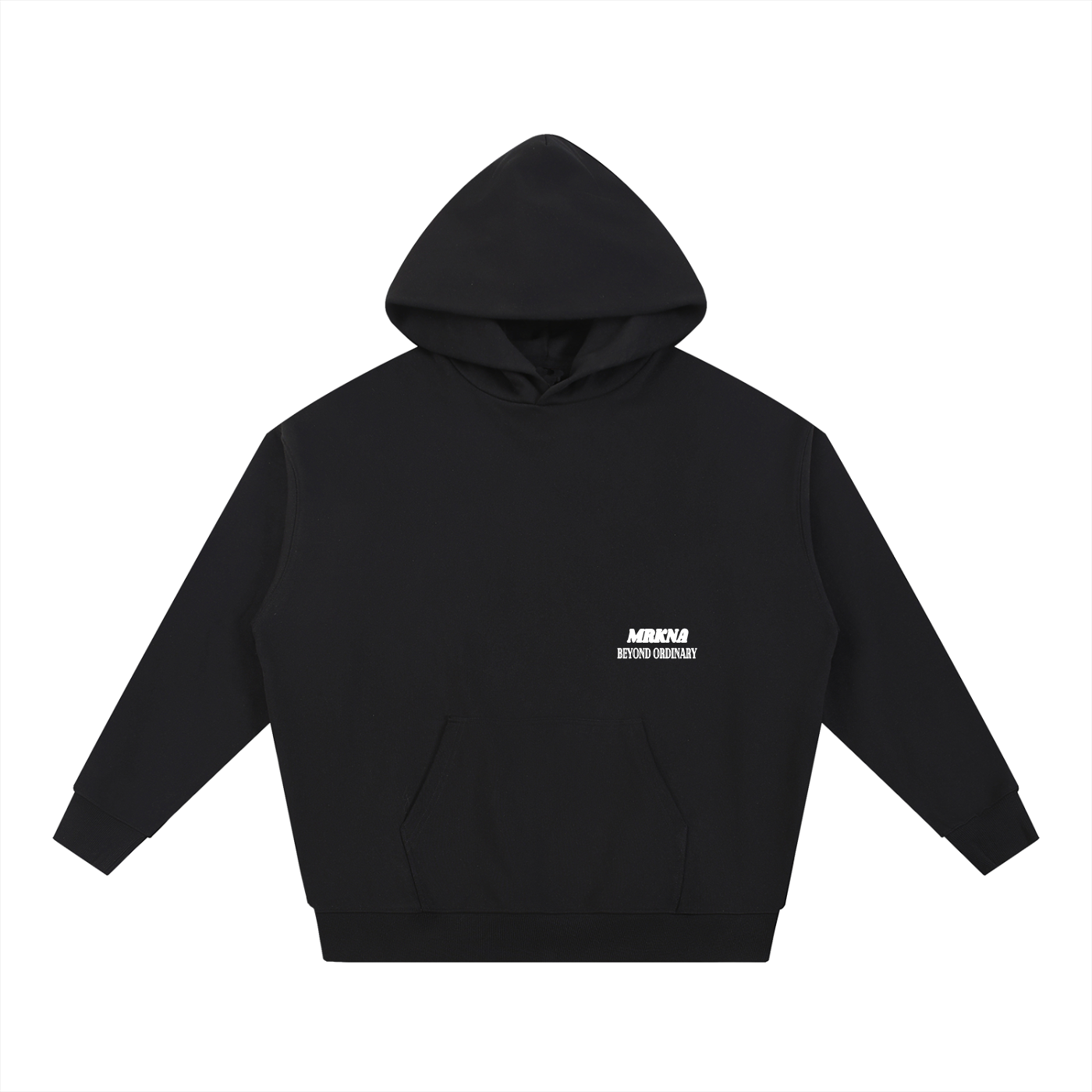 ODMPOD Essential Heavyweight Hoodie in black, showing the soft fabric and relaxed fit with front pocket and hood.