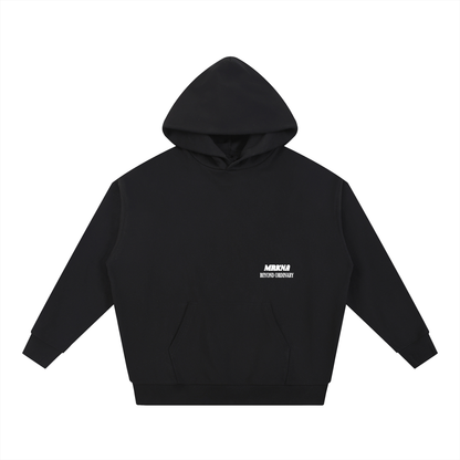 ODMPOD Essential Heavyweight Hoodie in black, showing the soft fabric and relaxed fit with front pocket and hood.
