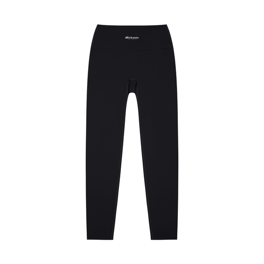 High-waisted ODMPOD yoga leggings in black, shown laid flat with stretchy fabric and seamless design for comfortable active wear.