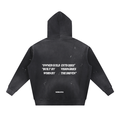 Vintage washed frayed fleece hoodie by ODMPOD, featuring a cozy, distressed design with a relaxed fit and frayed hem details.