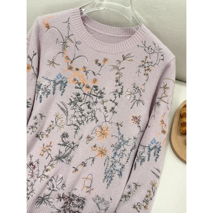Flower round neck long sleeved sweater for women