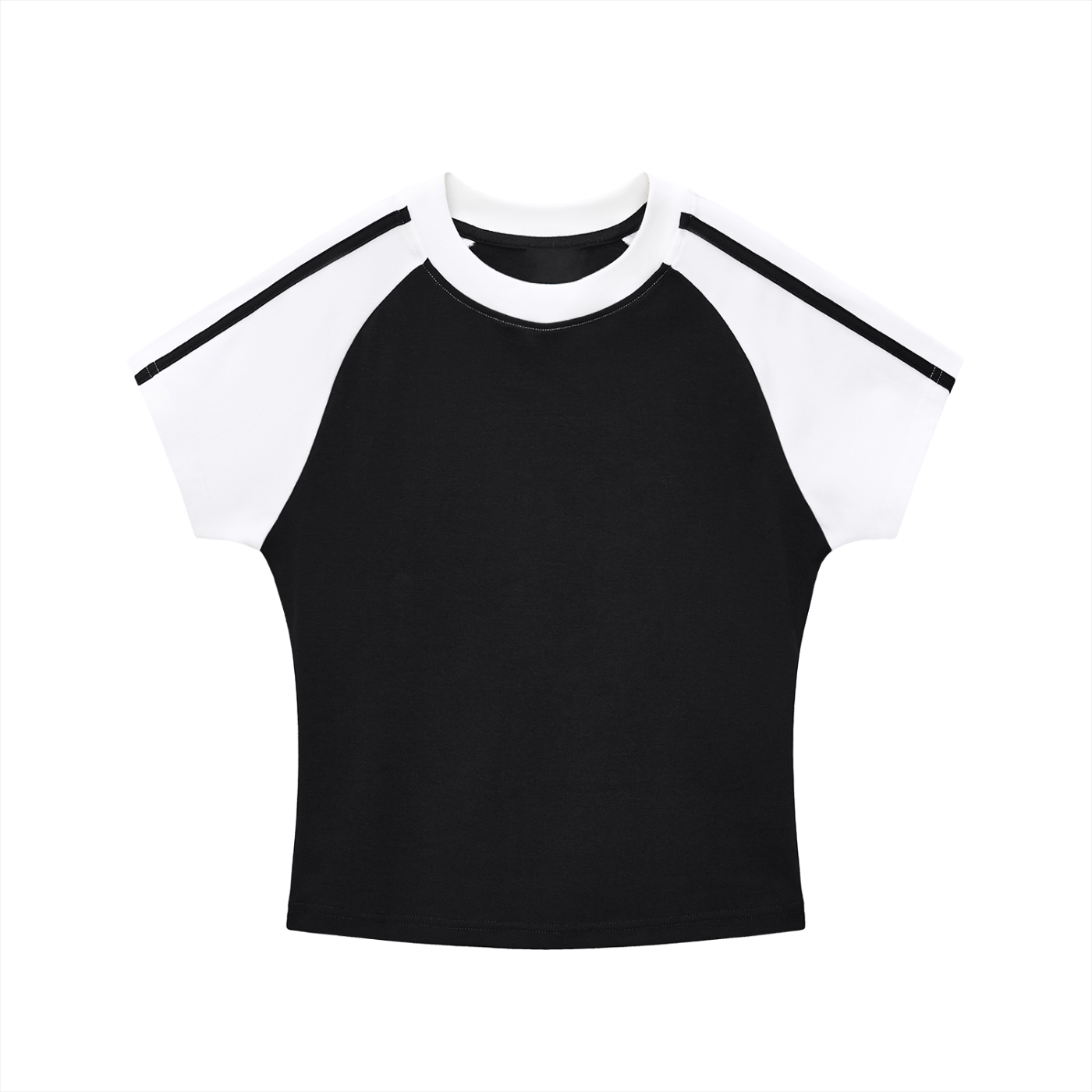 ODMPOD contrast stripes bodycon raglan sleeve t-shirt showing fitted black and white striped design with short sleeves.