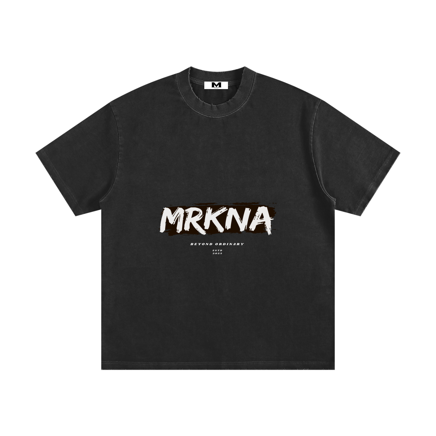 ODMPOD heavyweight vintage washed frayed T-shirt displayed flat on a white background, showcasing its distressed fabric and classic style.