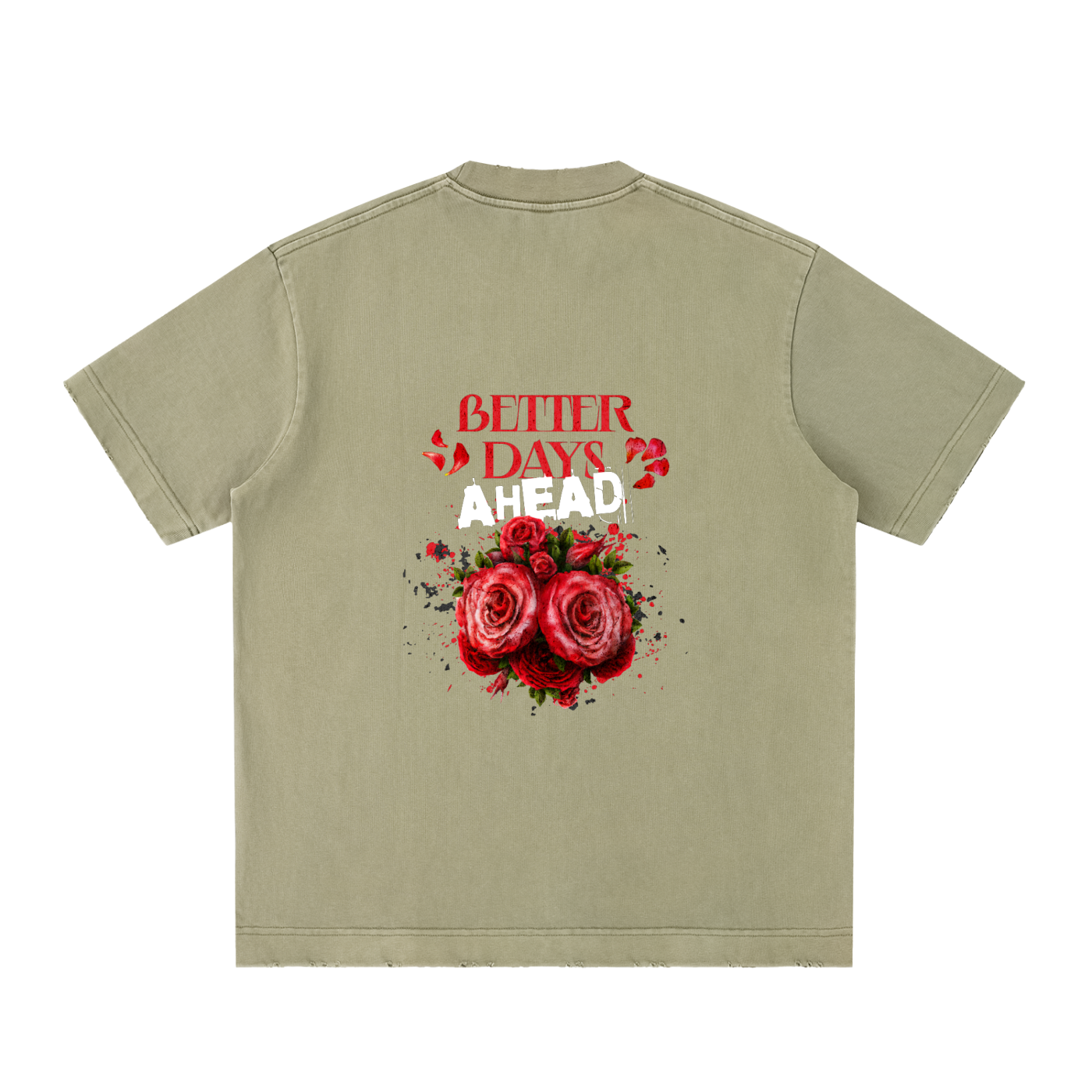 ODMPOD heavyweight vintage washed frayed T-shirt displayed flat, showcasing distressed fabric and casual style.