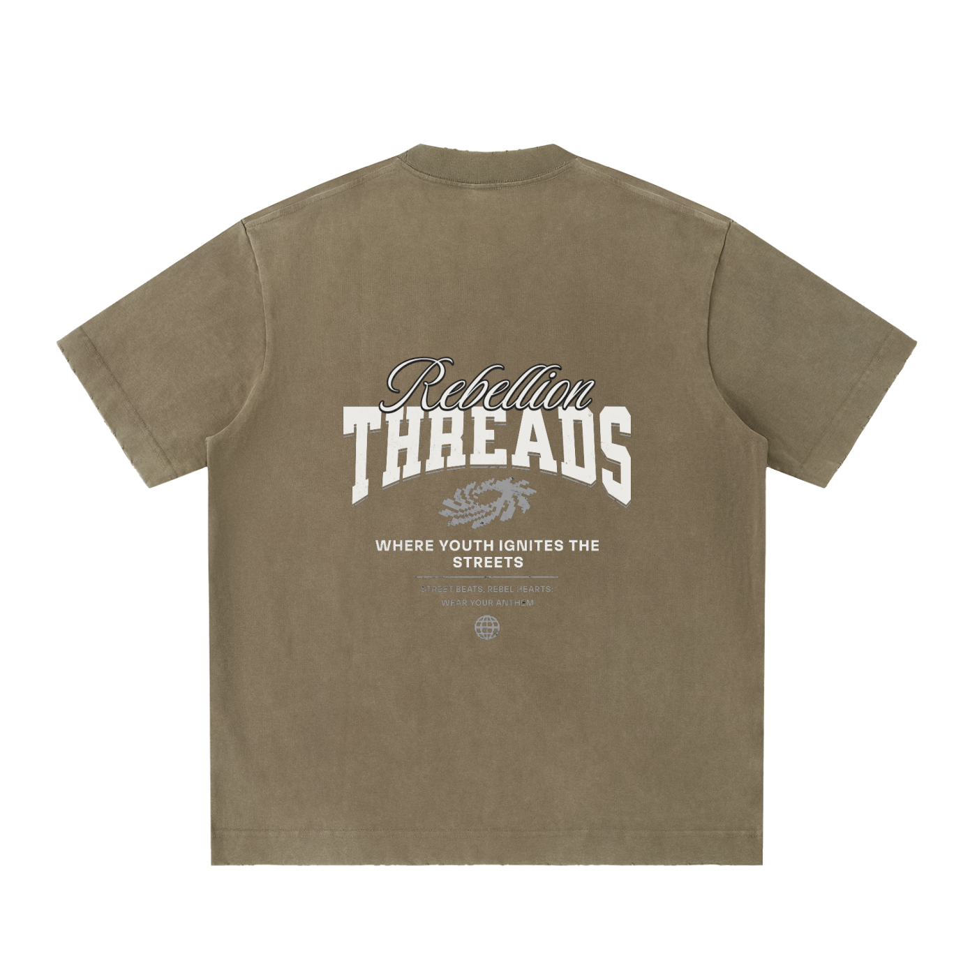 ODMPOD heavyweight vintage washed frayed T-shirt, showing distressed fabric and casual fit in a close-up view.
