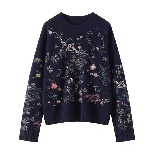 Flower round neck long sleeved sweater for women