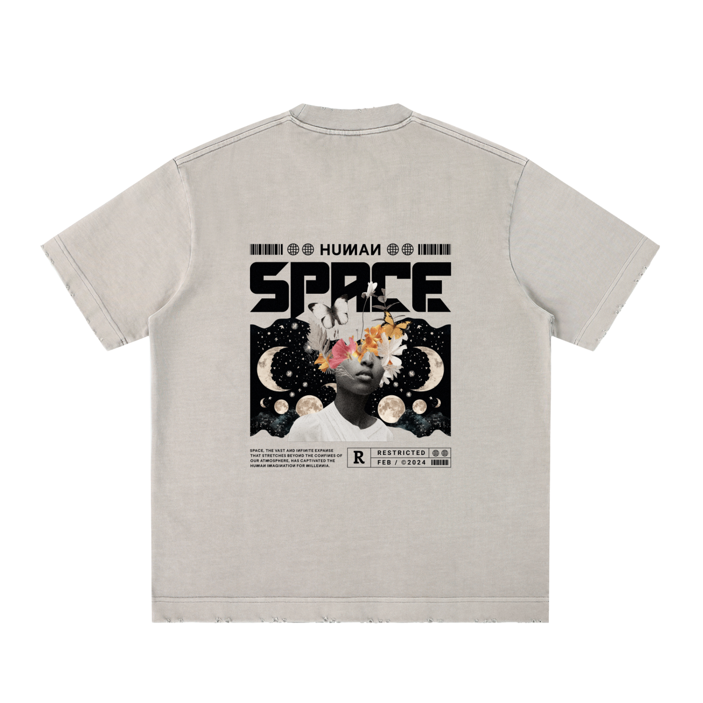 Vintage washed heavyweight ODMPOD frayed T-shirt with distressed details and casual fit, showcasing a worn-in, rugged style.