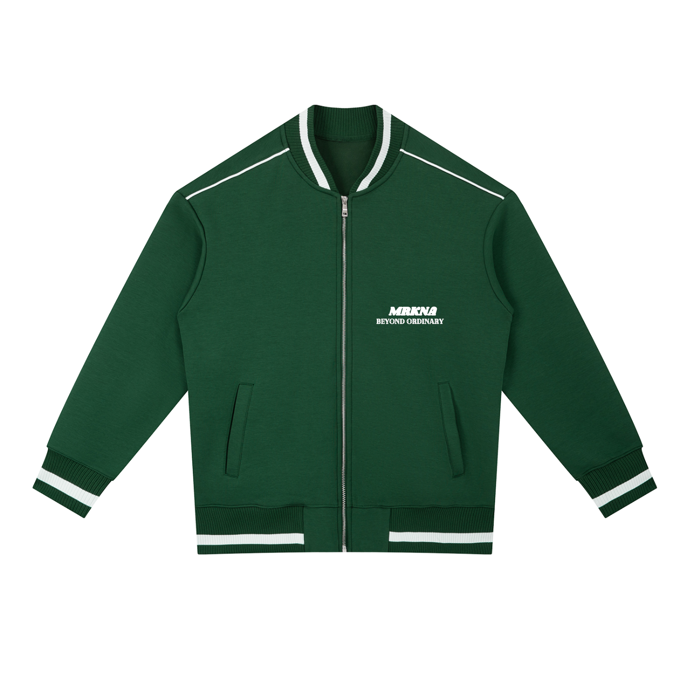ODMPOD Contrast Piping Zip Bomber Jacket featuring varsity style with black and white design and contrast piping details.