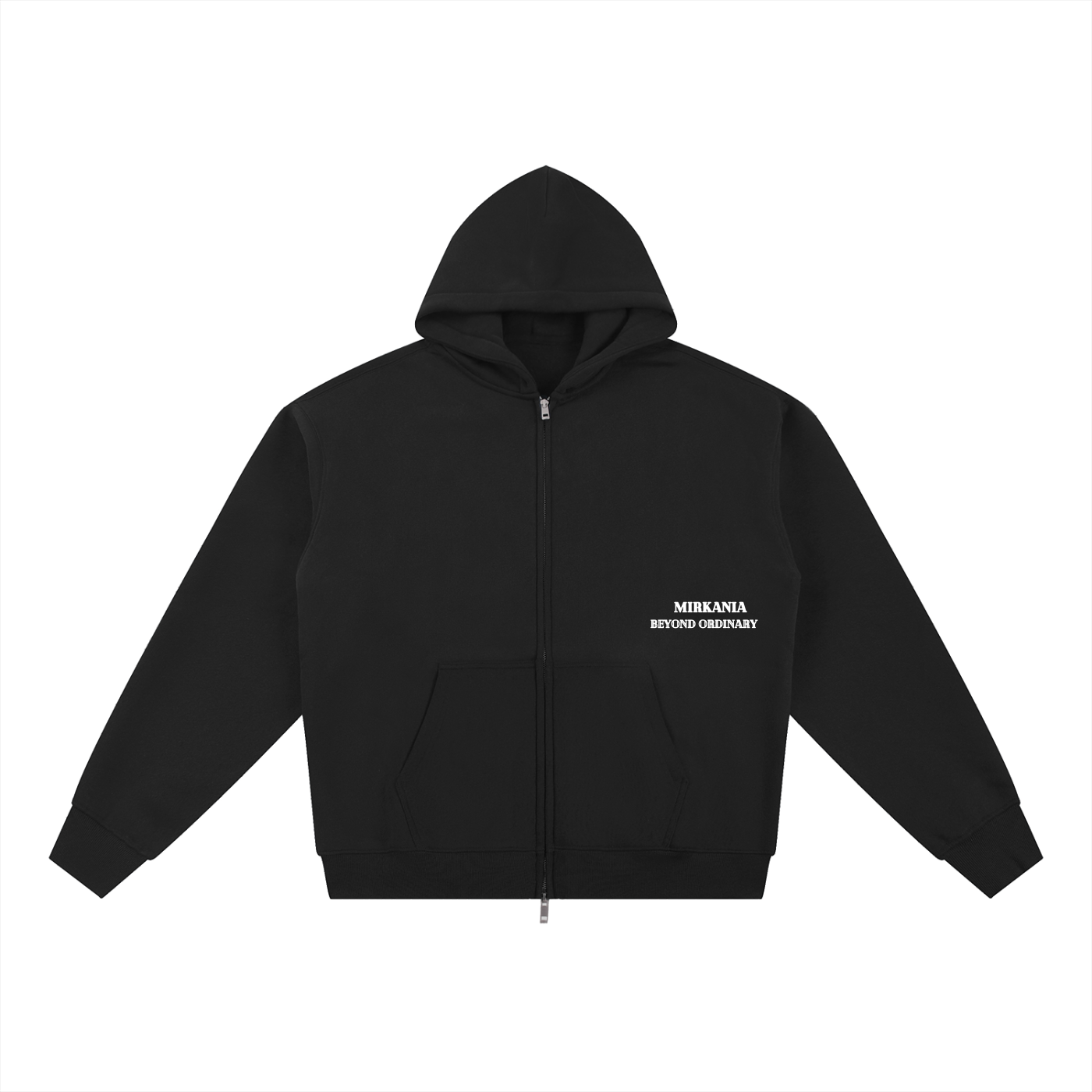ODMPOD Essential fleece zip-through hoodie, soft fabric, front zipper, hood with drawstrings, and comfortable fit.