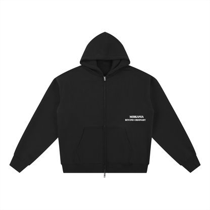 ODMPOD Essential fleece zip-through hoodie, soft fabric, front zipper, hood with drawstrings, and comfortable fit.