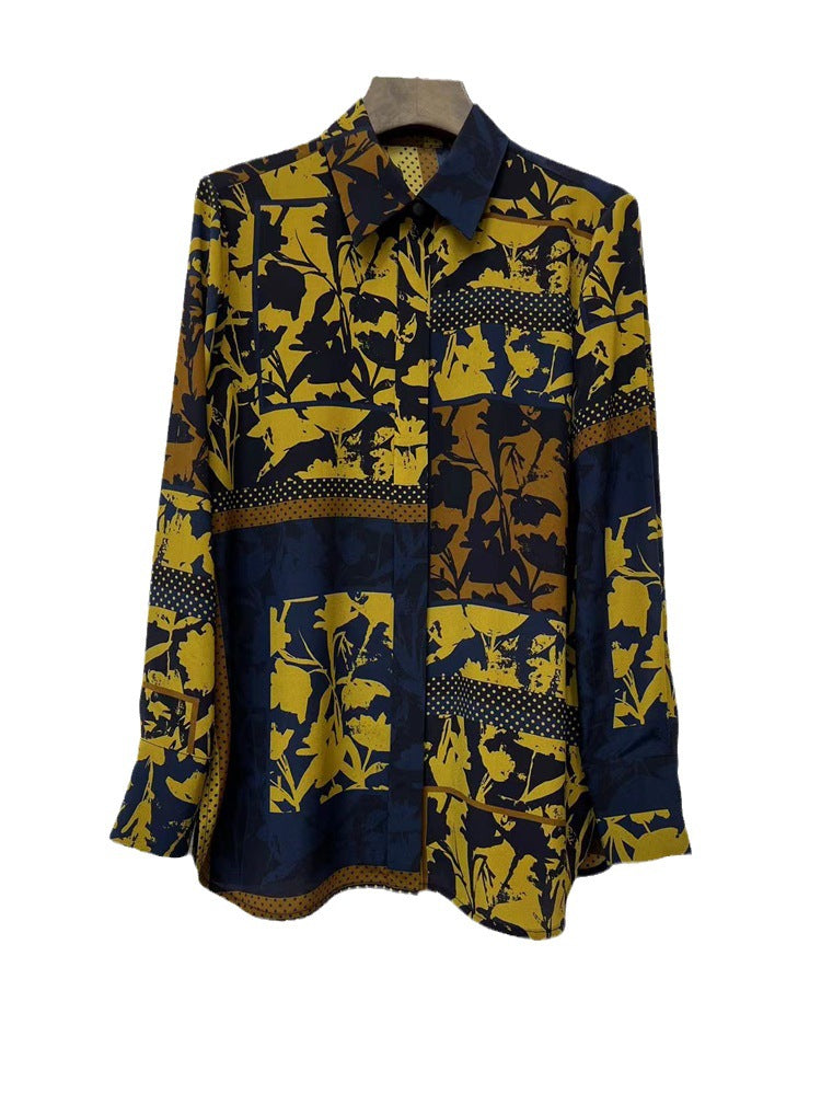 Early Autumn New Women Silk Positioning Printed Crepe Pointed Collar Long-sleeved Silk Shirt with Hidden Buttons