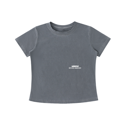 ODMPOD vintage wash slim fit T-shirt, casual cotton tee with faded denim look, short sleeves, and classic crew neckline.
