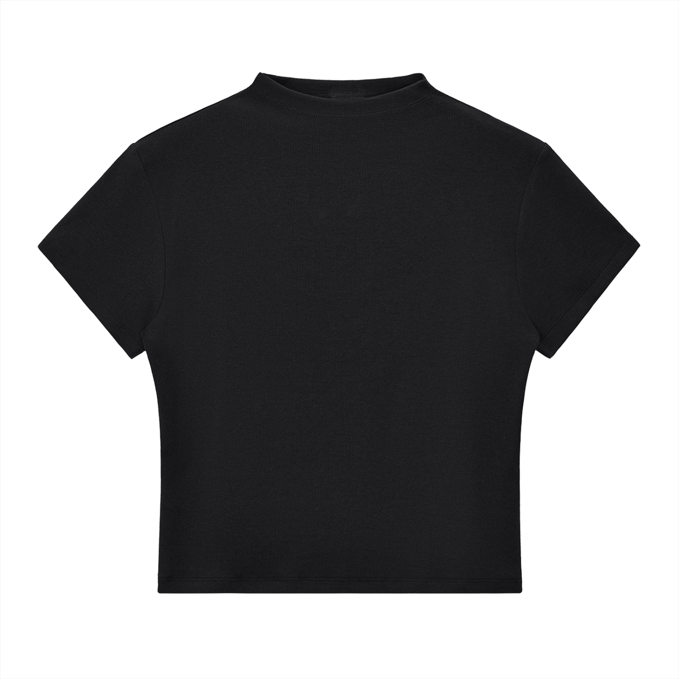 Black ODMPOD Essential Slim Fit Mock Neck T-Shirt with long sleeves and fitted design, close-up view of the fabric and neckline.