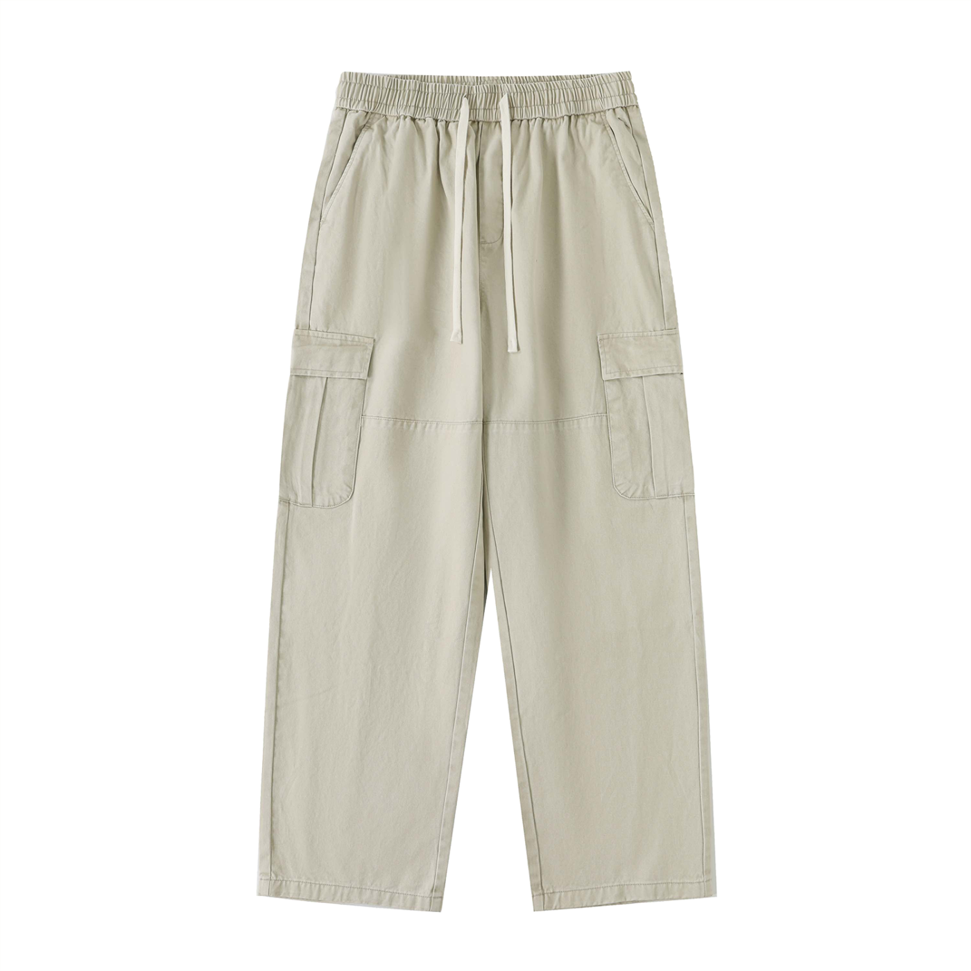 ODMPOD drawstring waist straight-leg cargo pants with multiple pockets, casual style, in a neutral color.