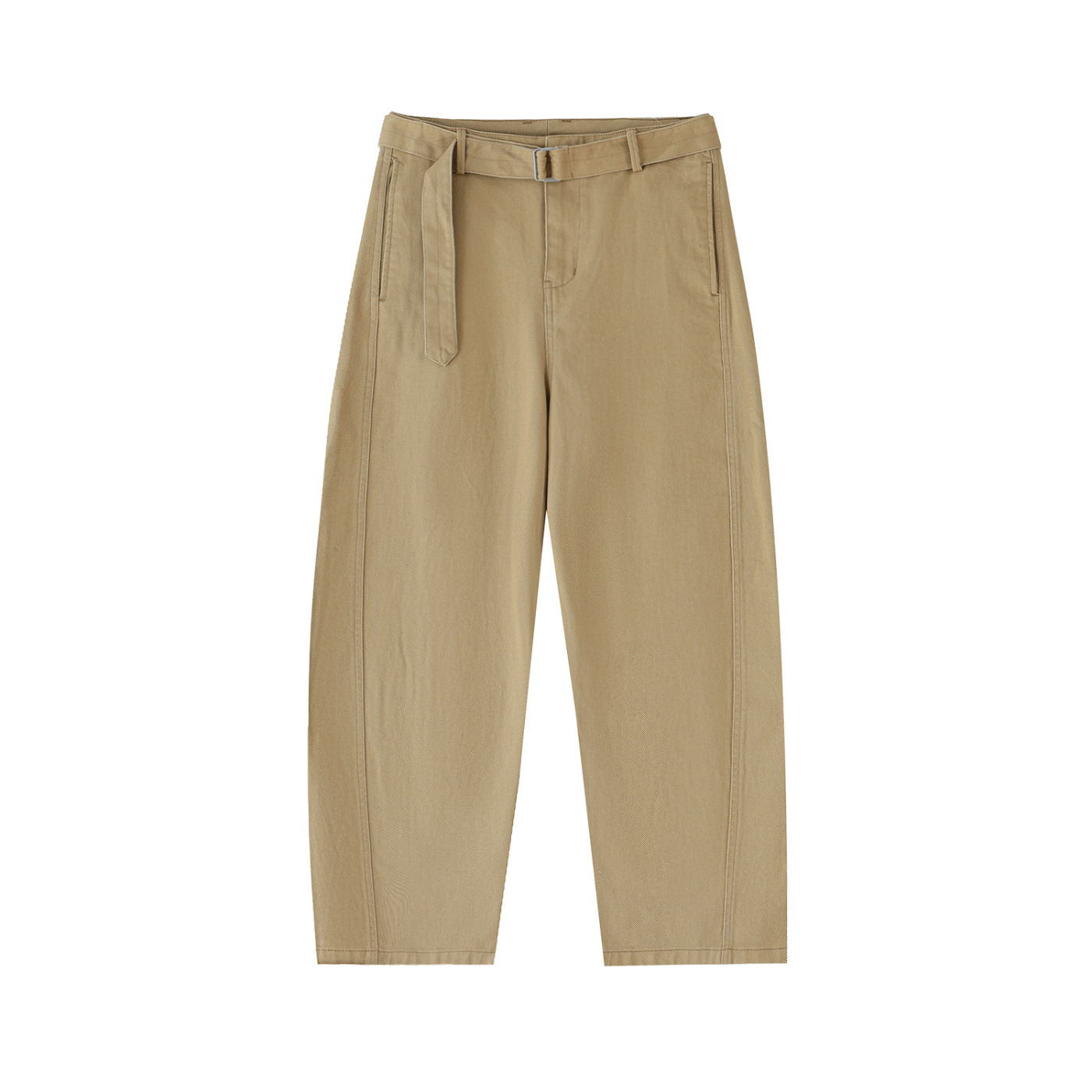 ODMPOD belted barrel-leg chino pants showing a close-up of the khaki-colored fabric and stylish belt detail.