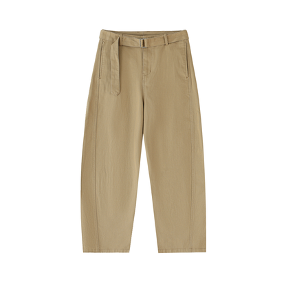 ODMPOD belted barrel-leg chino pants showing a close-up of the khaki-colored fabric and stylish belt detail.