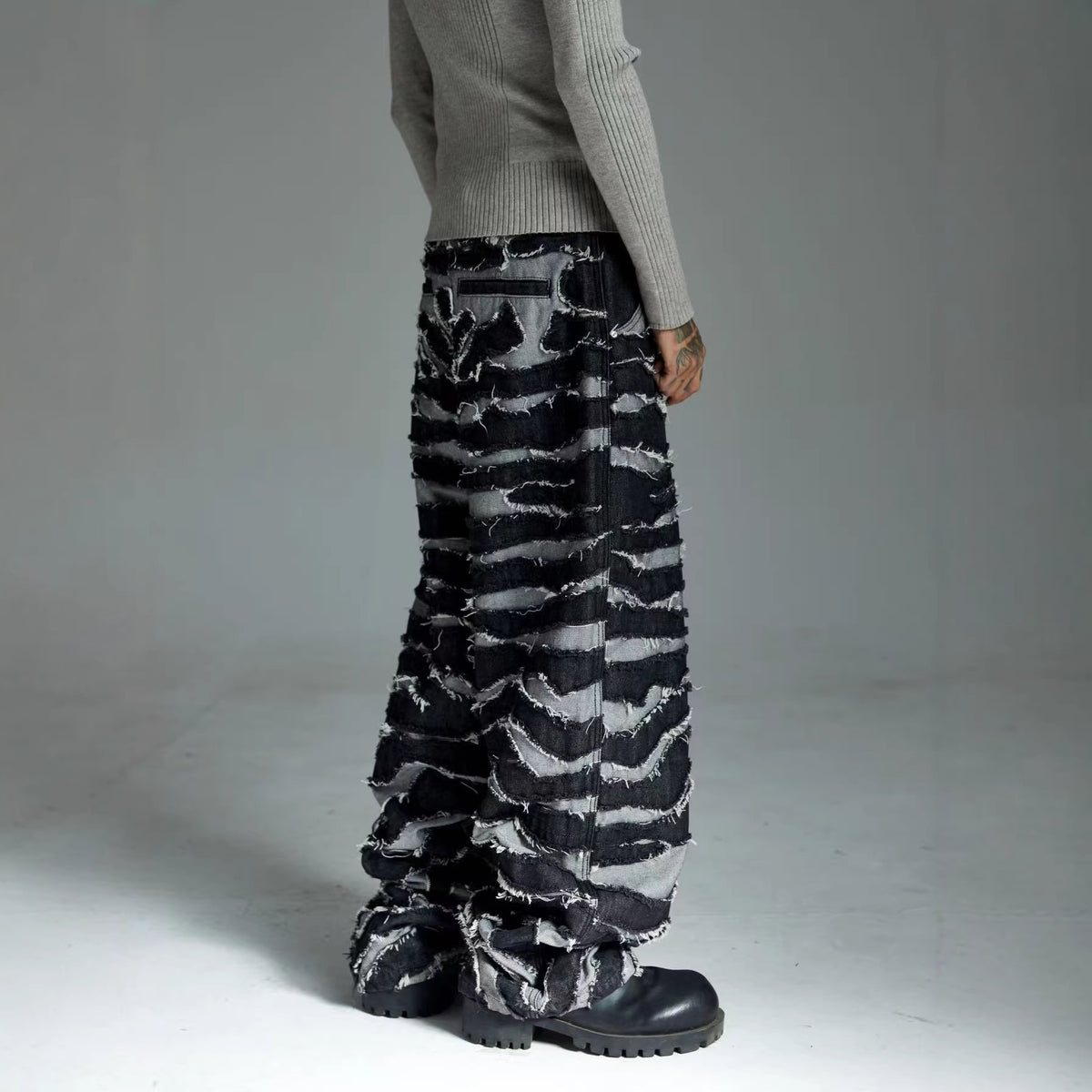 Embroidered zebra striped fringe wide leg denim pants