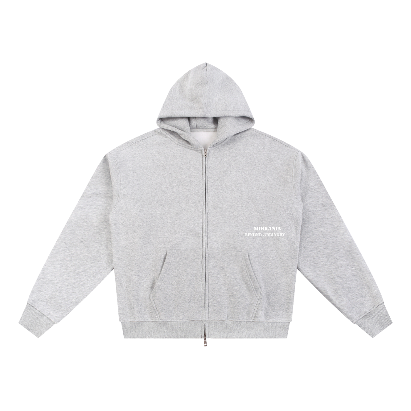 ODMPOD Essential fleece zip-through hoodie with front pockets and adjustable drawstrings, shown in a cozy, soft fabric.