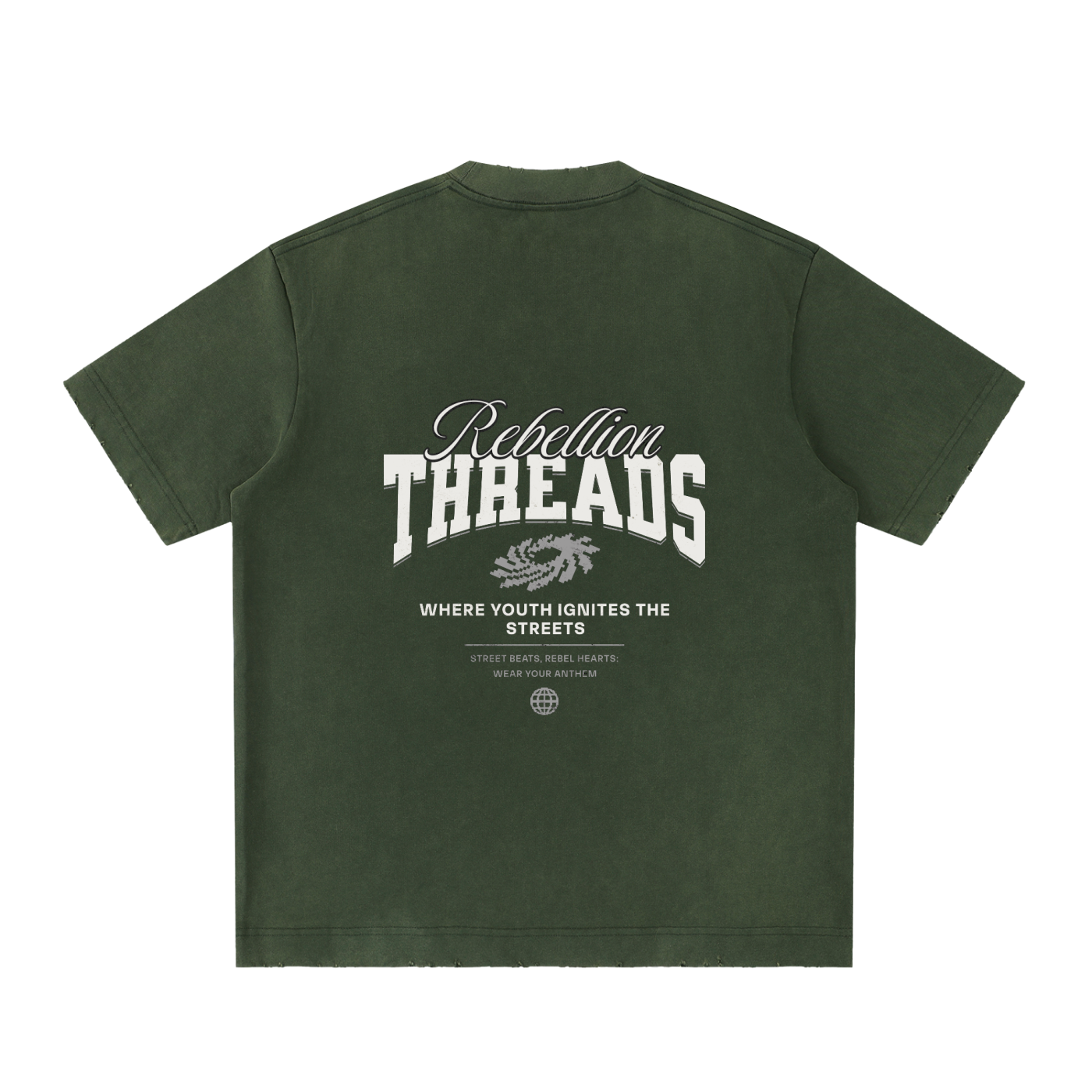 Vintage washed heavyweight frayed T-shirt by ODMPOD, featuring a distressed design and casual fit, displayed on a hanger.