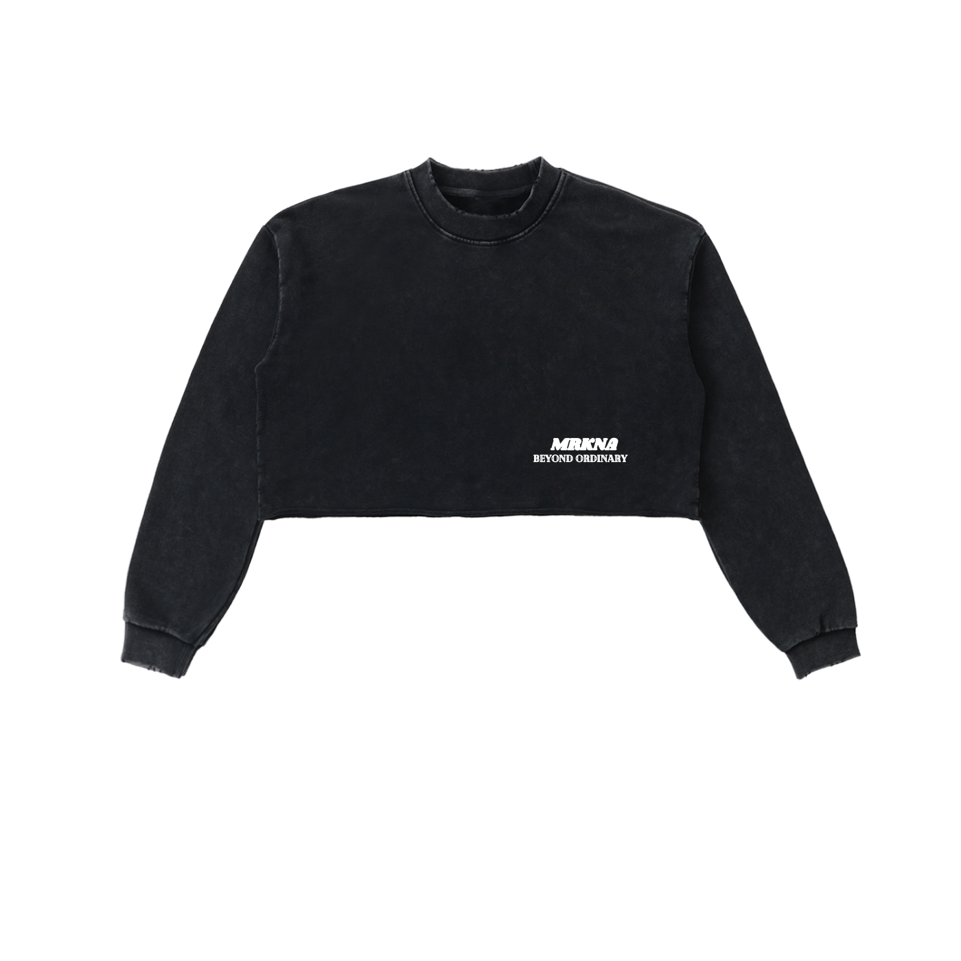 Snow Washed Raw Edge Cropped Sweatshirt by ODMPOD featuring a relaxed fit and distressed raw edges, casual streetwear style