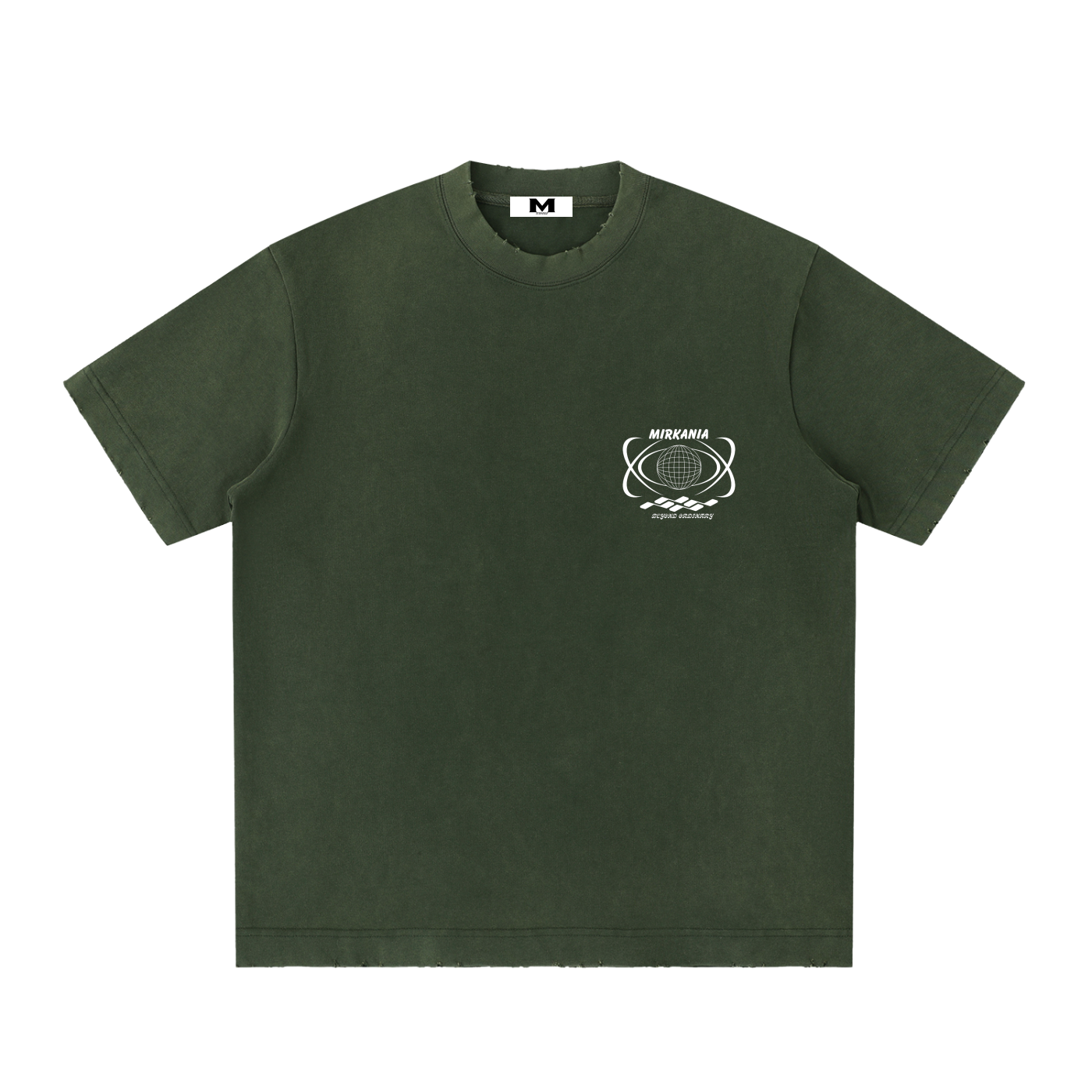 ODMPOD heavyweight vintage washed frayed T-shirt, showing distressed fabric and casual fit on a neutral background.