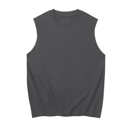 Men's sleeveless cotton tank top by ODMPOD, close-up of white tank top fabric and sleeveless design on a plain background.