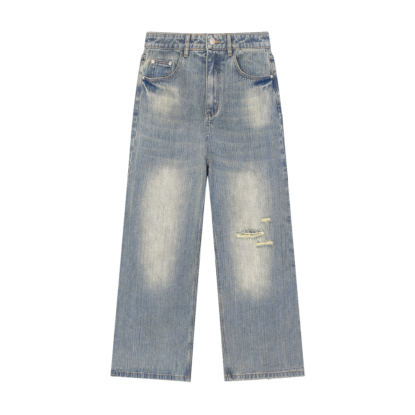 ODMPOD vintage wash distressed denim jeans, showcasing faded fabric, ripped details, and classic jean style.