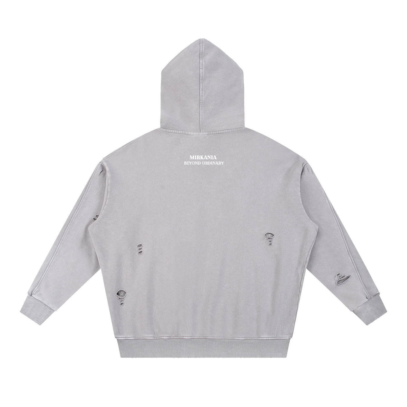 ODMPOD snow washed distressed panel pocket hoodie showing front view with hood, distressed fabric details, and front pocket design.